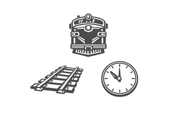 A minimalist illustration featuring a front view of a locomotive engine, a section of railroad tracks, and an analog clock, all set against a solid black background. © icon_art