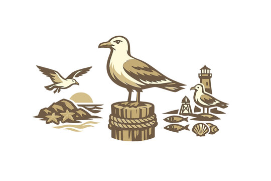 A stylized graphic illustration of seagulls in a coastal setting featuring a lighthouse, fish, shells, and a sun setting over rocky shores with starfish on a black background.