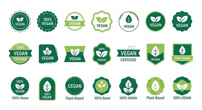 Collection of green vegan and plant-based certification badge logos with leaf icons. Modern eco label symbols isolated on white background for organic branding design.