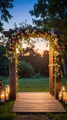 Fototapeta premium Romantic Outdoor Wedding Arch Decorated with Flowers and Twinkle Lights at Sunset