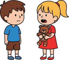 Cute Cartoon Boy and Girl Talking with Teddy Bear Isolated on White Background Vector Illustration