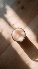 Fototapeta premium Glass jar candle with creamy wax on wooden floor, illuminated by soft, natural sunlight, casting a distinct shadow. The wood grain is visible underneath the candle’s base