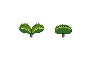 This graphic shows two stylized green Venus flytrap icons on a solid black background. One trap is open with visible teeth, and the other is closed, representing a carnivorous plant. © icon_art