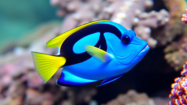Blue Tang Fish With Yellow Fins And Bubbles dory fish