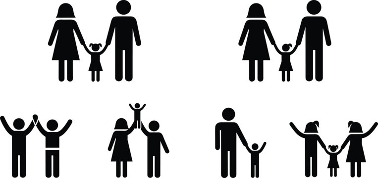Minimalist family silhouette icons collection featuring diverse stick figure groupings of parents and children for lifestyle concepts, parenting unity, and modern household representation.