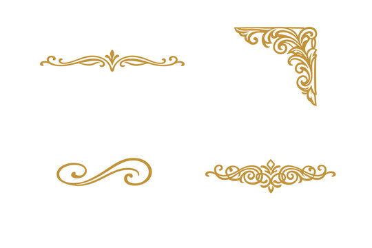 Four elegant golden decorative ornaments featuring intricate scrolls and flourishes are displayed on a black background, perfect for vintage borders and classic design projects.