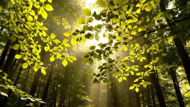 Bright sunlight illuminating vibrant green leaves in a misty forest canopy