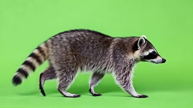 Raccoon walking on green background with black and white markings