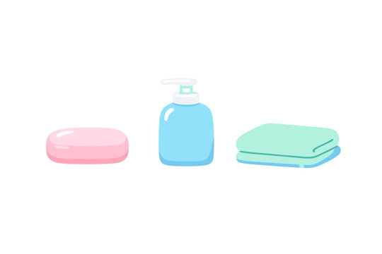 A simple illustration featuring a pink bar of soap, a blue liquid soap dispenser with a pump, and a folded light green towel arranged horizontally against a solid black background.
