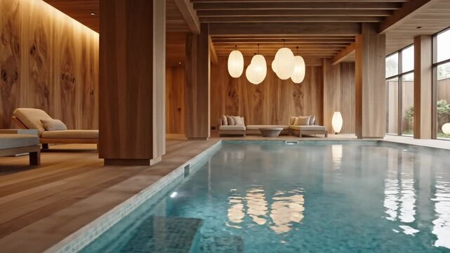 Luxurious indoor swimming pool and elegant lounge area featuring warm natural wood panels soft ambient lighting and modern contemporary furniture inside a sophisticated residential wellness spa