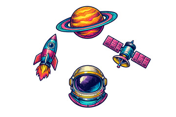Colorful space exploration icons including a ringed planet, a rocket ship, a satellite, and an astronaut helmet. The vibrant illustrations are set against a black background. © Andrei
