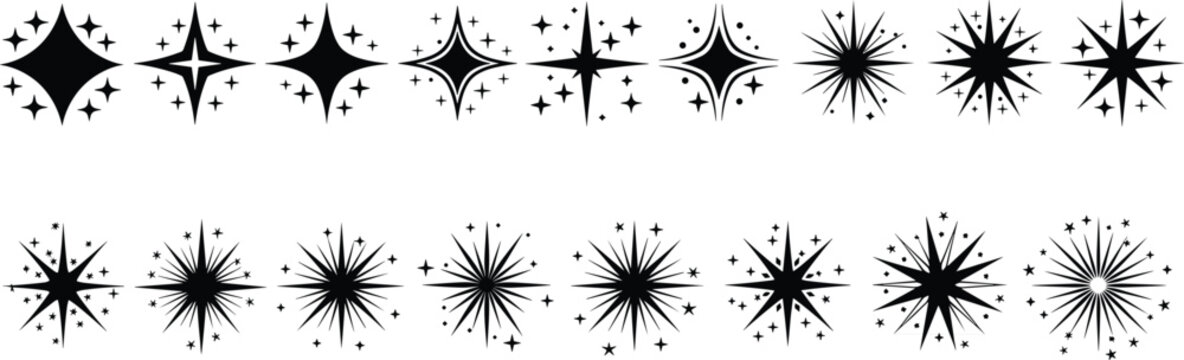 Adobe Stock Title: Set of black sparkle icons and shiny star bursts for magical decorative effects glowing light symbols festive celebrations and creative graphic design elements