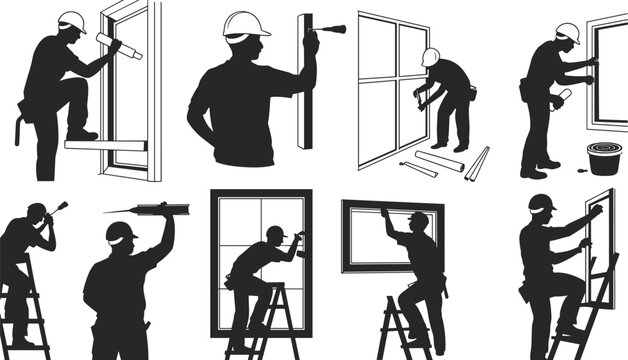 Black vector silhouette set of professional contractors installing glass windows and performing residential home repairs for construction maintenance remodeling and window glass branding,