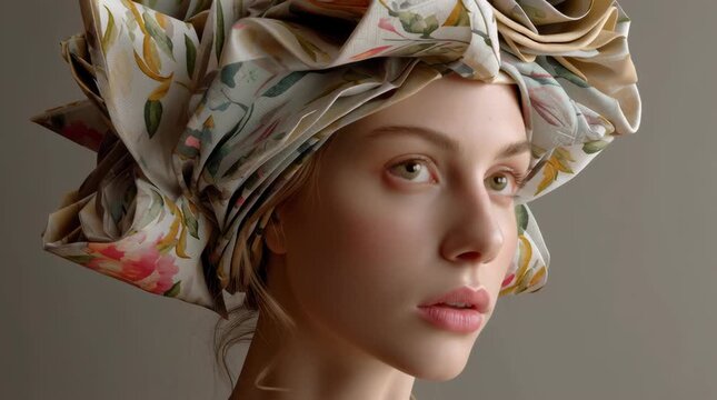 hyperreal fine-art studio portrait of a woman wearing an avant-garde couture headpiece inspired by sculptural textile folding and embroidered floral fabric, elegant cultural fashion styling, minimalis