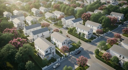 Fototapeta premium Aerial view of a serene suburban neighborhood with white houses and blooming trees on a sunny day