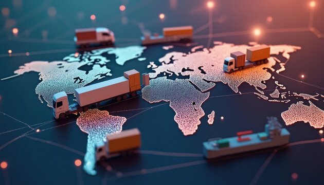 Global transport network with trucks and ship on world map infographic. Logistics routes connect continents, showing worldwide cargo distribution. Digital concept of international shipping and trade.