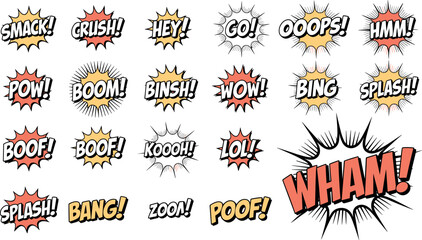 Comic Sound Effect Words Collection Pop Art Speech Burst Explosions Cartoon Vector Illustration Set © Lunavera art