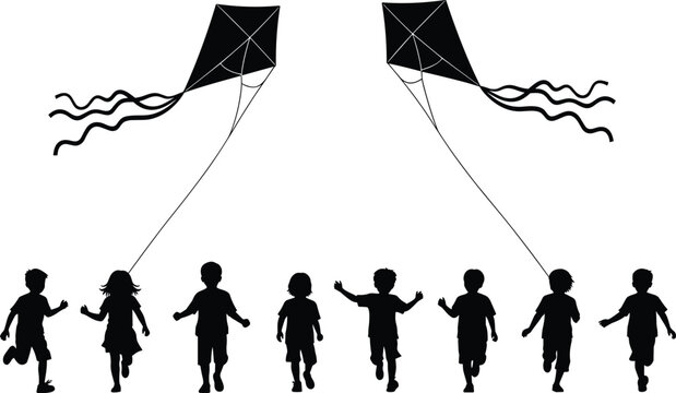 Set of vector silhouettes of active boys and girls running and flying kites together in the air isolated on a white background for childhood