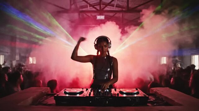Professional DJ mixing music at energetic underground electronic dance rave party with vibrant laser beam lighting and dense atmospheric smoke effects in dark club setting.