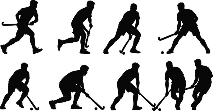 Set of vector silhouettes of male field hockey players in various action poses including running and hitting the ball isolated on white background