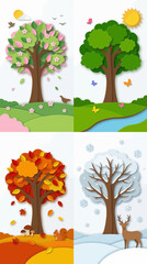 Four seasons trees in spring, summer, autumn and winter. Layered paper cut style nature landscape cycle concept.