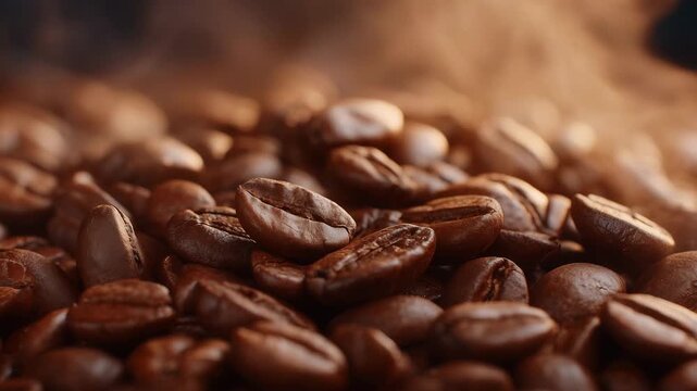 172Close-up wallpaper of coffee beans, subtle steam rising as if freshly roasted, high-detail textures showing natural cracks and creases, warm ambient light, cozy and aromatic atmosp
