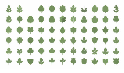Fototapeta premium Stylized Decorative Green Tree and Leaf Clipart Collection Flat Cartoon Vector Elements Isolated on White Background