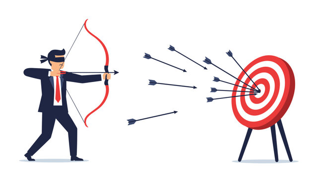 Blindfolded businessman in a formal suit attempts to hit a bullseye target with a bow and many missed arrows scattered around.