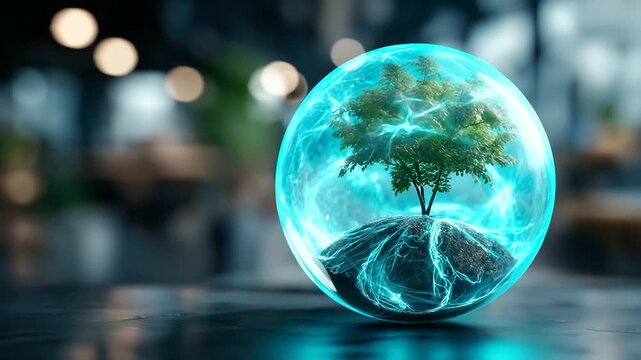 Glass sphere with glowing light representing carbon-aware token concept for innovative solutions in environmental practices, eco-illuminated orb, with copy space