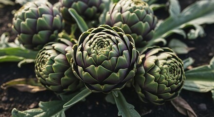 Fototapeta premium Fresh green artichokes growing in a garden with rich soil and natural sunlight