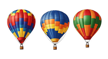 Fototapeta premium Three colorful hot air balloons in a row on white background airship aircraft