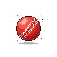 Vibrant red cricket ball with white stitching in pixel art style