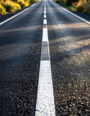 A low-angle, vanishing point view down a dark, wet asphalt road with a bright, segmented white center line leading towards a distant horizon.