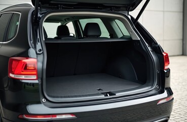 Black wagon car open trunk. Empty rear cargo space ready for luggage. Hatchback vehicle offers transport capacity for road trips and travel.
