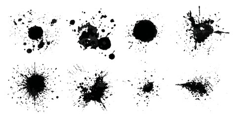 Fototapeta premium Black grungy paintbrush strokes collection with distressed splashes stains scratch. vector decorative banner template graphic background design set.