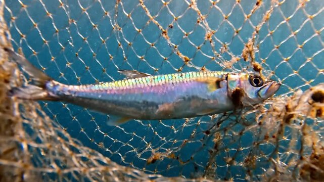Small fish caught in fishing net underwater in blue sea