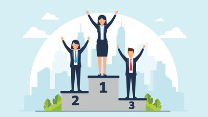 Obraz premium Three successful business professionals standing on a first, second, and third place podium against a city skyline, representing career competition.