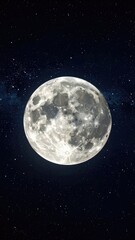 A brilliant, full moon dominates a dark, star-filled night sky.
