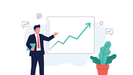 Businessman in a suit presenting an upward trending green growth chart on a large board, demonstrating company success and positive financial performance.