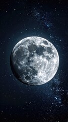 Obraz premium A detailed depiction of the Moon set against a star-filled deep space background.