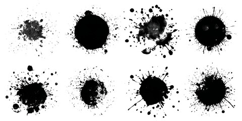 Black grungy paintbrush strokes collection with distressed splashes stains scratch. vector decorative banner template graphic background design set.