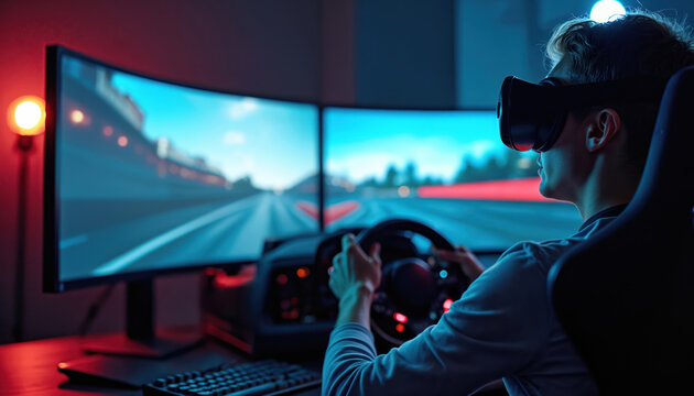 Young man wears VR headset plays car racing simulator with steering wheel and dual monitors. Gamer enjoys virtual driving experience at home.