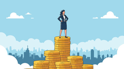Confident businesswoman standing proudly at the top of a giant stack of gold coins against a city background, symbolizing peak financial achievement.