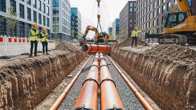Modern industrial construction featuring insulated steel pipes installed inside underground trench for efficient district heating infrastructure supplying residential urban energy networks.