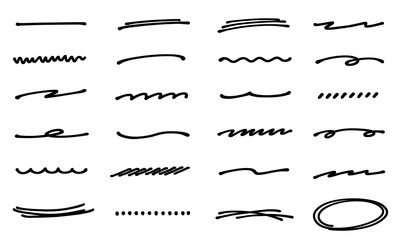 アンダーライン　素材　セット　飾り　直線　曲線　波線　くねくね　丸　あしらい　境界線　飾り罫　見出し　仕切り　区切り　タイトル　シンプル　Black line.Handwritten underline set.