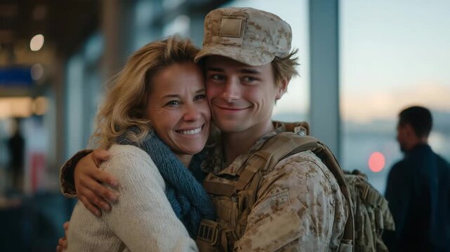 240Heartfelt airport reunion, woman soldier in camouflage hugging civilian tightly, soft morning light streaming through large windows, shallow depth of field highlighting emotion, re