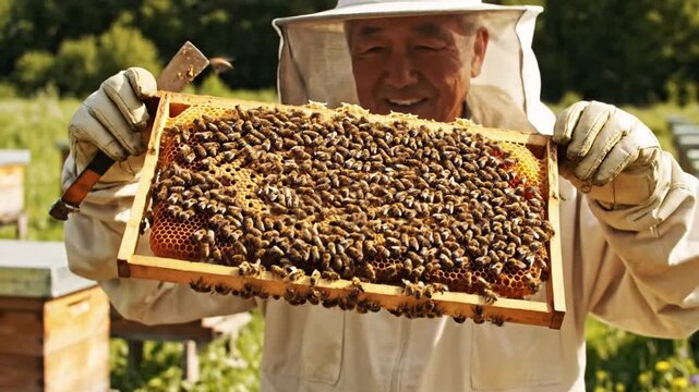Senior beekeeper inspects honeycomb frame in sunny apiary