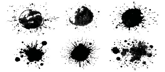 Fototapeta premium Black grungy paintbrush strokes collection with distressed splashes stains scratch. vector decorative banner template graphic background design set.