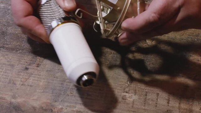 Setting up a studio microphone with anti vibration attachment for recording audio