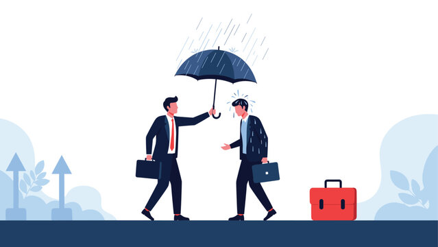 Helpful businessman holds a blue umbrella over his colleague to protect him from the rain during their walk.